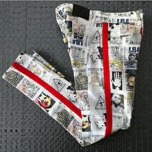 Decibel All Over Print Red Stripe Stretch Jeans, Men's Size 32/32, White Multi